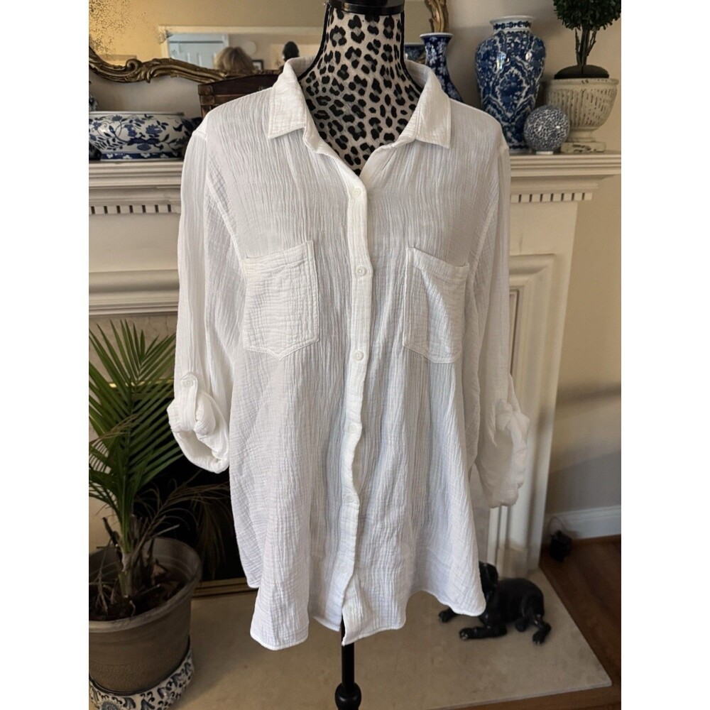 Side Stitch Women's Top PXL Long-Sleeve Button-Front Shirt White Gauzy Crinkle